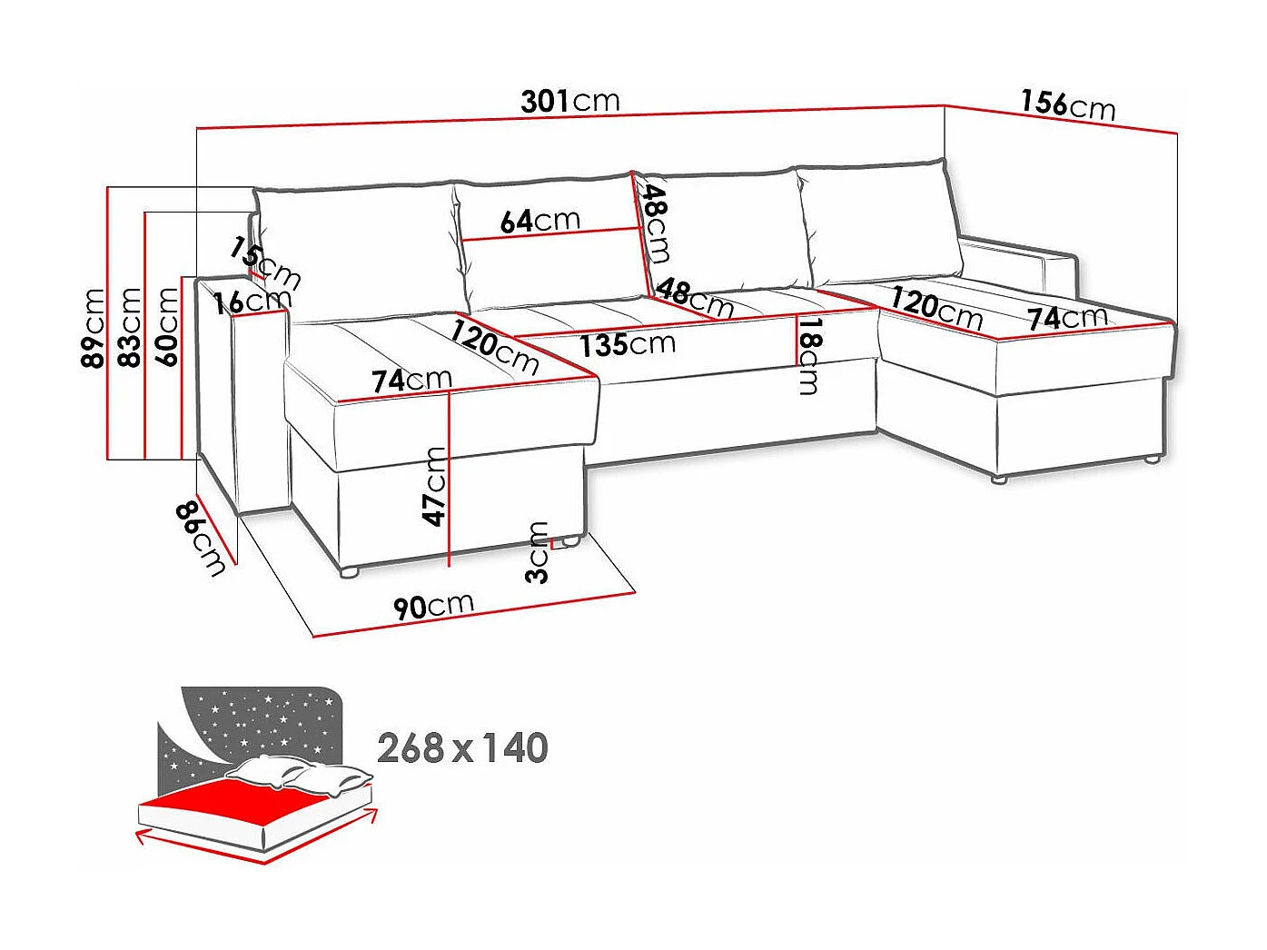 Sofá rinconero Providence 143, Gris, Función de descanso, Almacenaje, 301x156x89cm