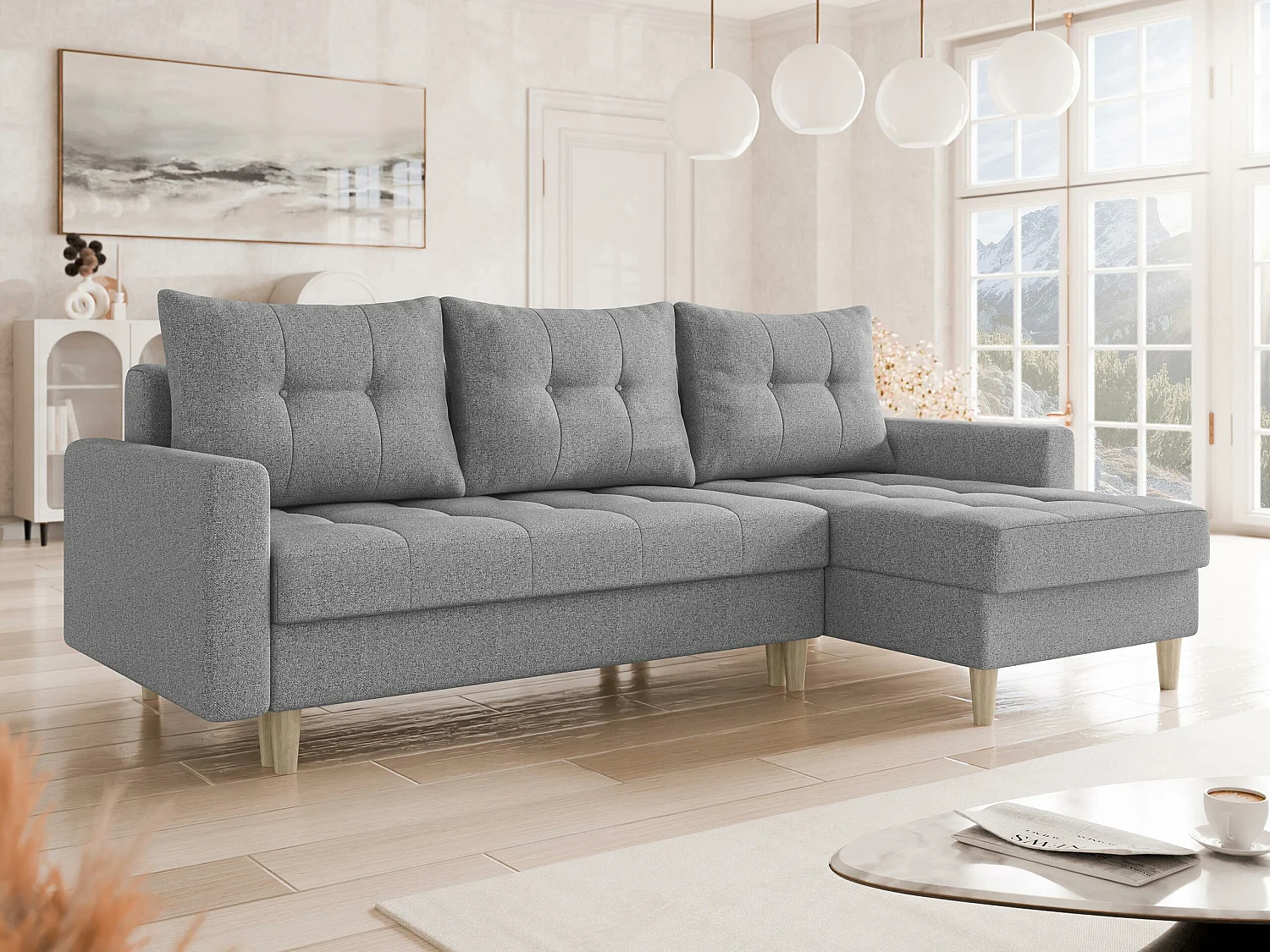 Sofá rinconero Boulder 100, Gris, Función de descanso, Almacenaje, 222x140x90cm