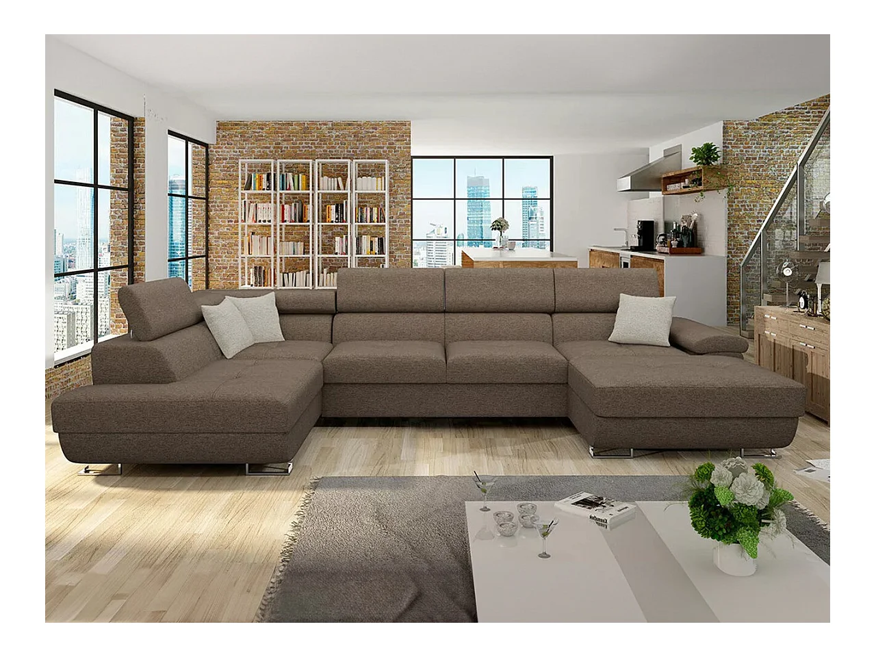 Canapé d'angle Comfivo 190, Marron, Fonction de couchage, Boîte de literie, 345x202x71cm