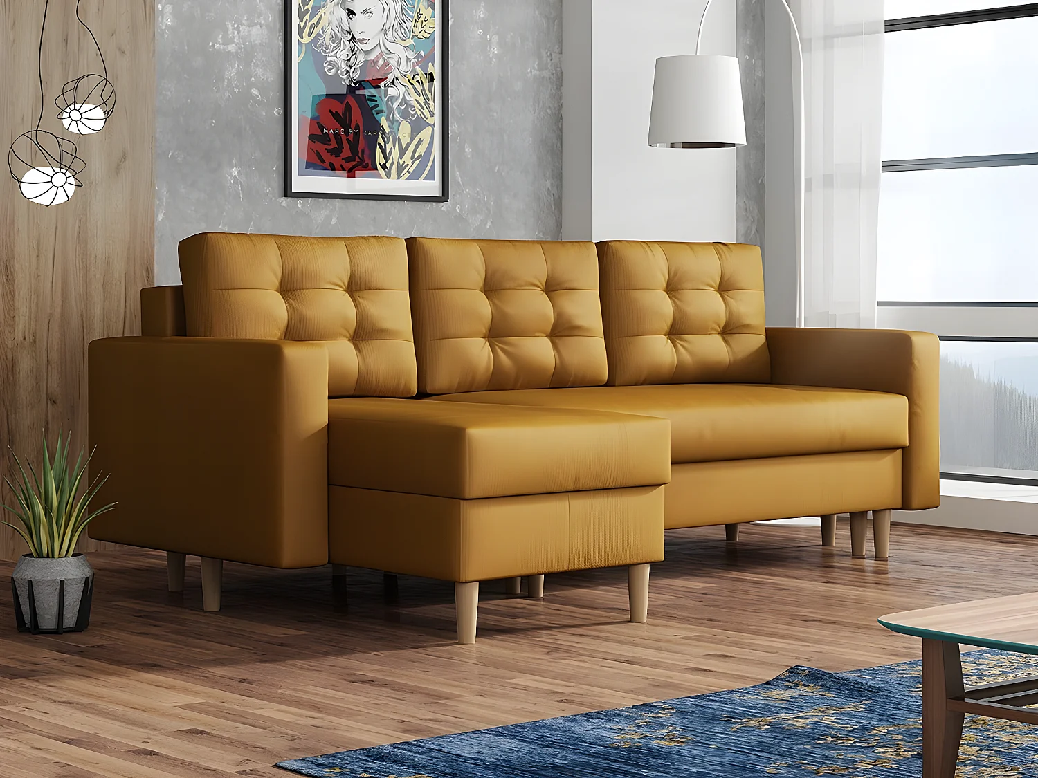 Sofá de canto Columbus 108, Amarelo, Funcionalidade de dormir