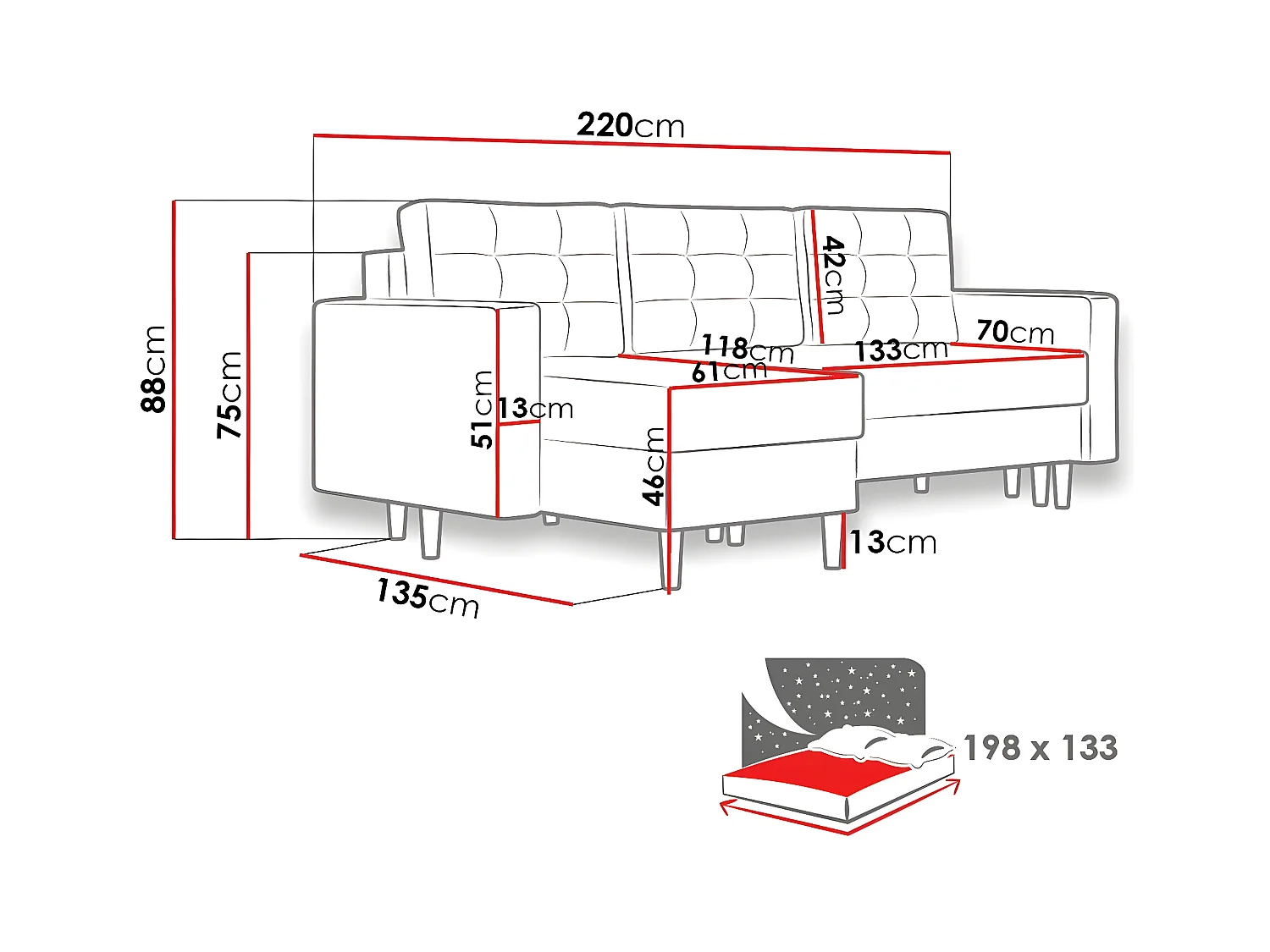 Sofá rinconero Columbus 108, Amarillo, Función de descanso, Almacenaje, 220x135x88cm