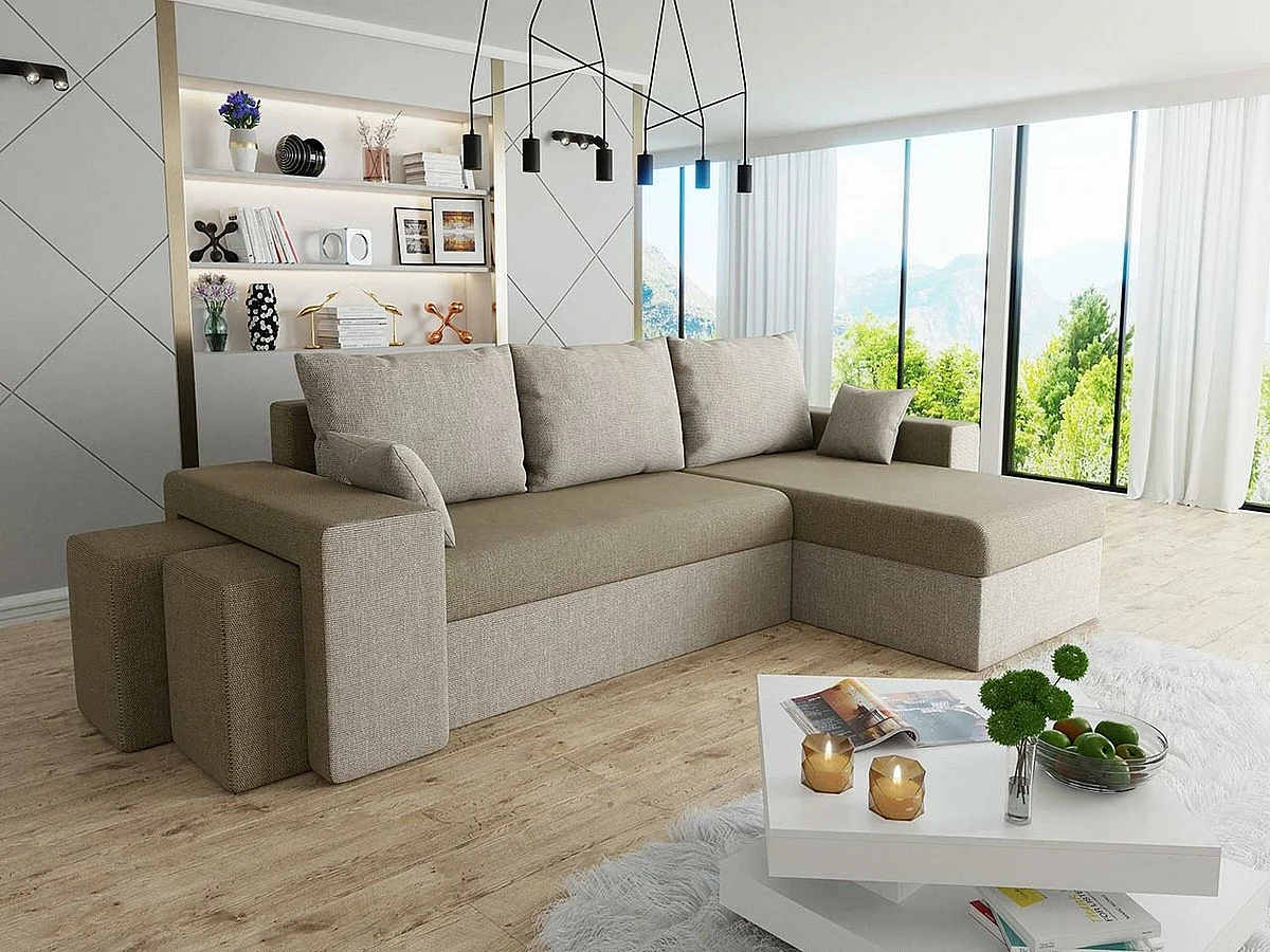 Sofá rinconero Memphis 129, De color marrón claro, Función de descanso, Almacenaje, 256cm