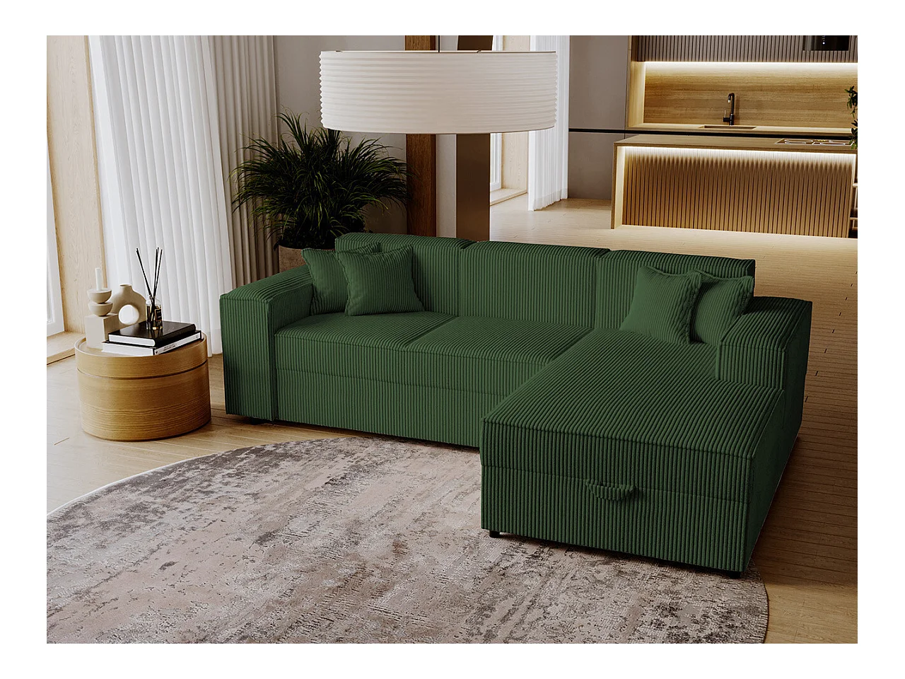 Canapé d'angle Clovis 116, Vert, Fonction de couchage, Boîte de literie, 253x166x79cm