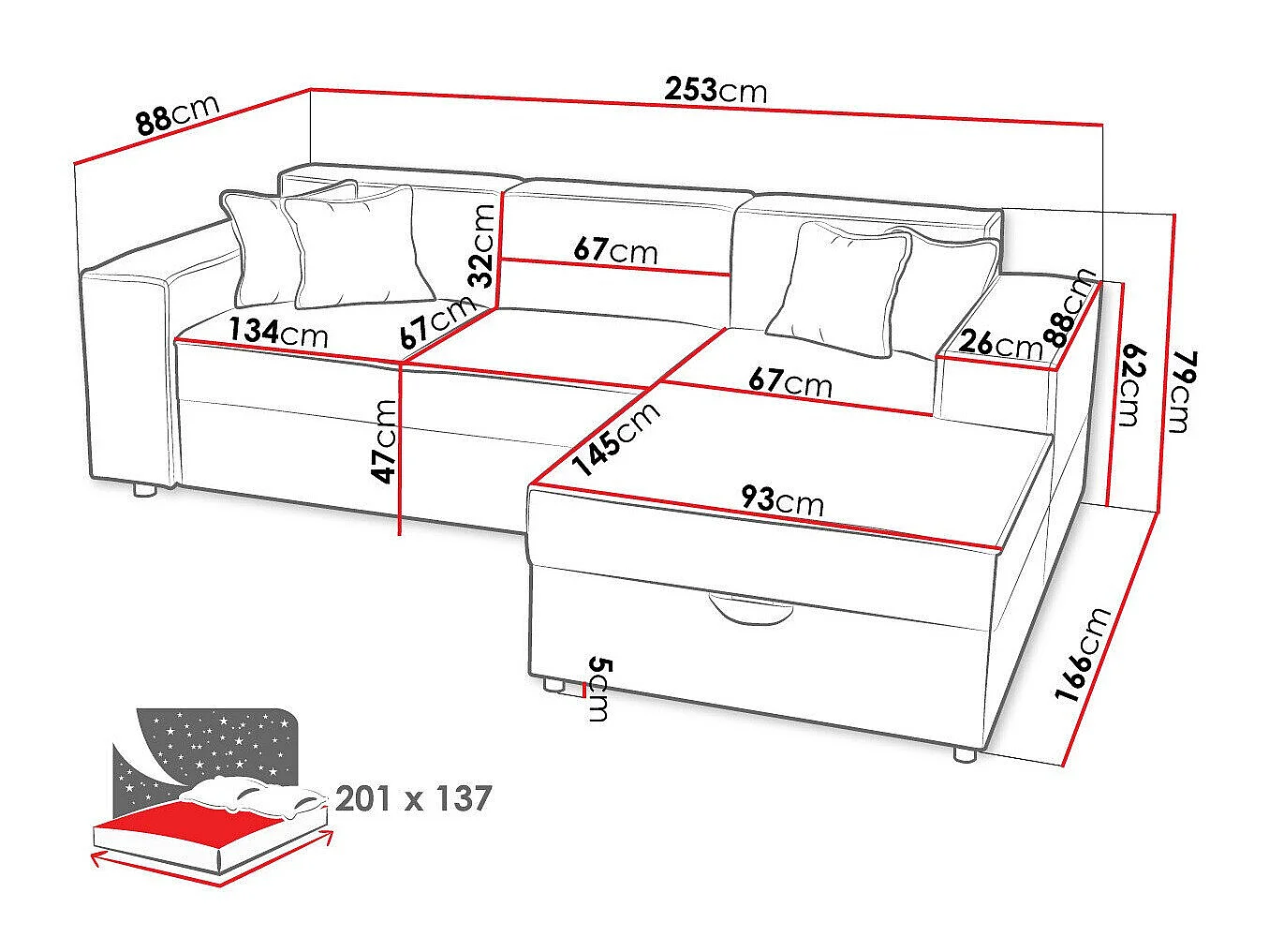 Canapé d'angle convertible 3 places en tissu vert CLOVIS 253x166x79 cm