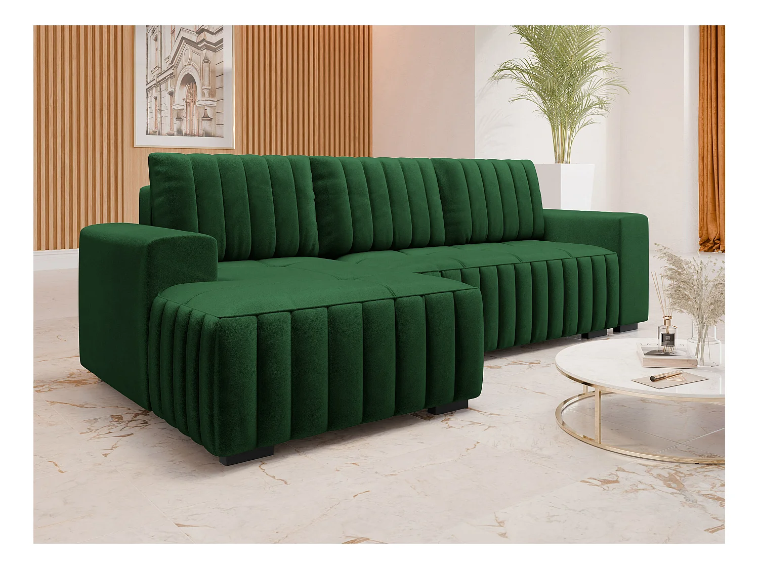Canapé d'angle Columbus 154, Vert, Fonction de couchage, Boîte de literie, 240x140x85cm