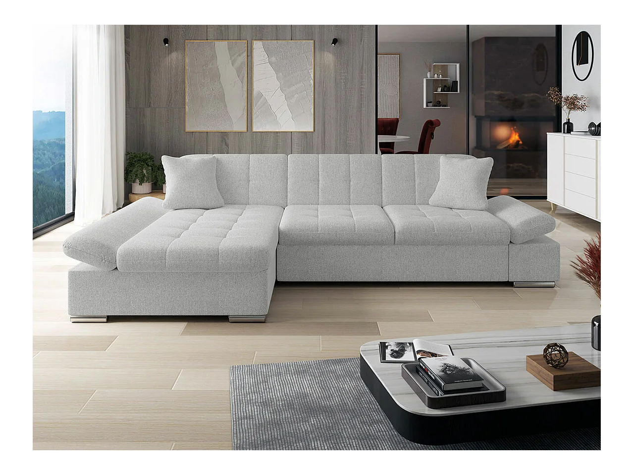 Canapé d'angle Comfivo 152, Gris, Fonction de couchage, Boîte de literie, 278x161x76cm