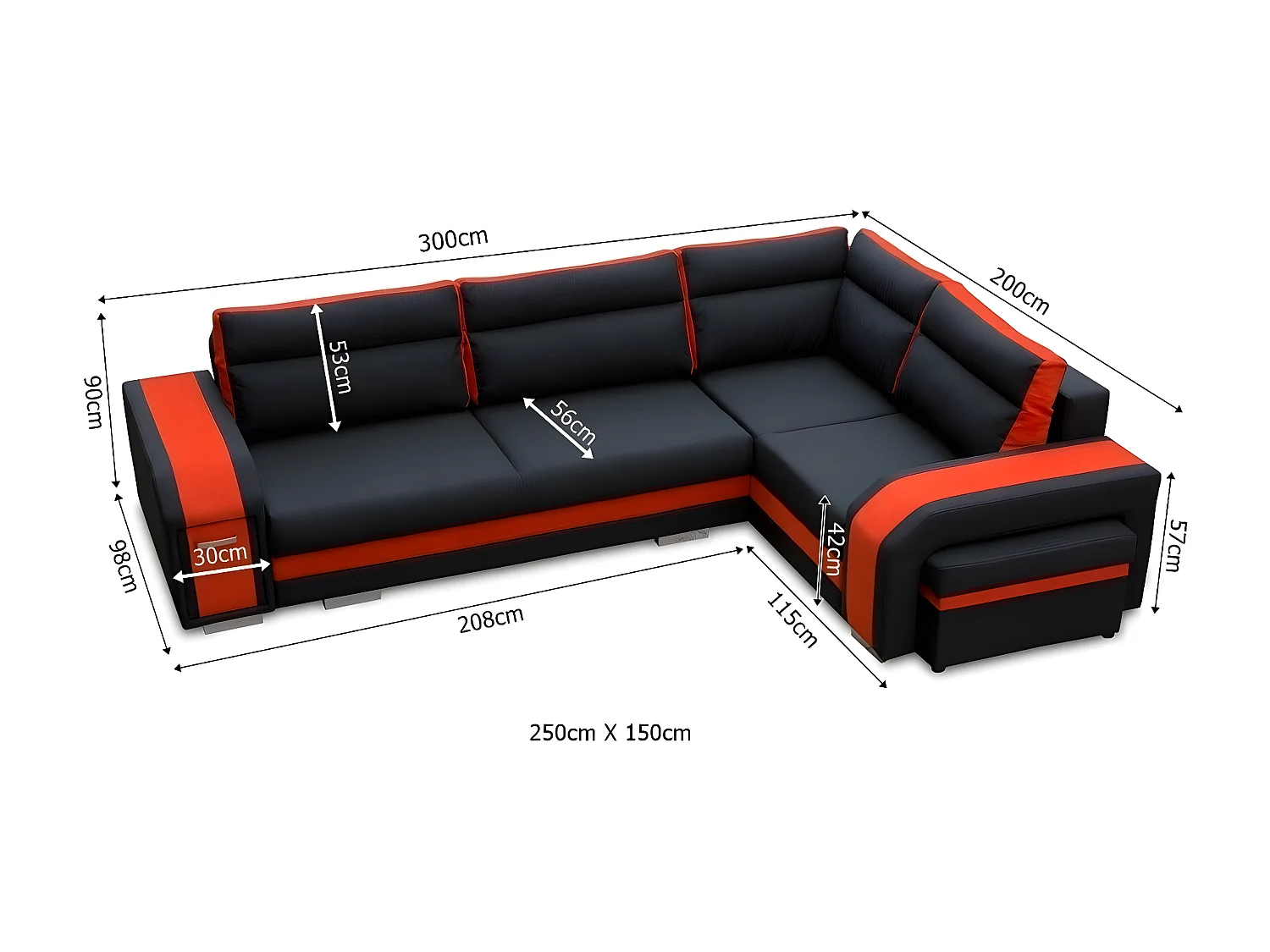 Canapé d'angle Kingsport 100, Noir, Fonction de couchage, Boîte de literie, 300x200x90cm