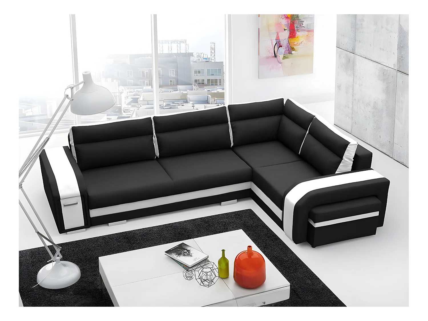 Canapé d'angle Kingsport 100, Noir, Fonction de couchage, Boîte de literie, 300x200x90cm