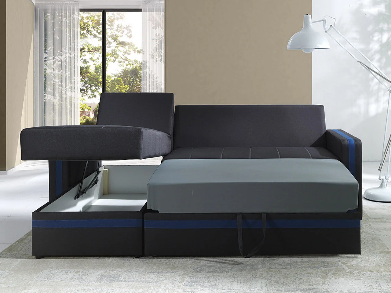 Sofá de canto Providence 121, Preto, Funcionalidade de dormir