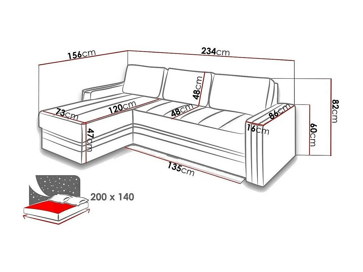Sofá de canto Providence 121, Preto, Funcionalidade de dormir