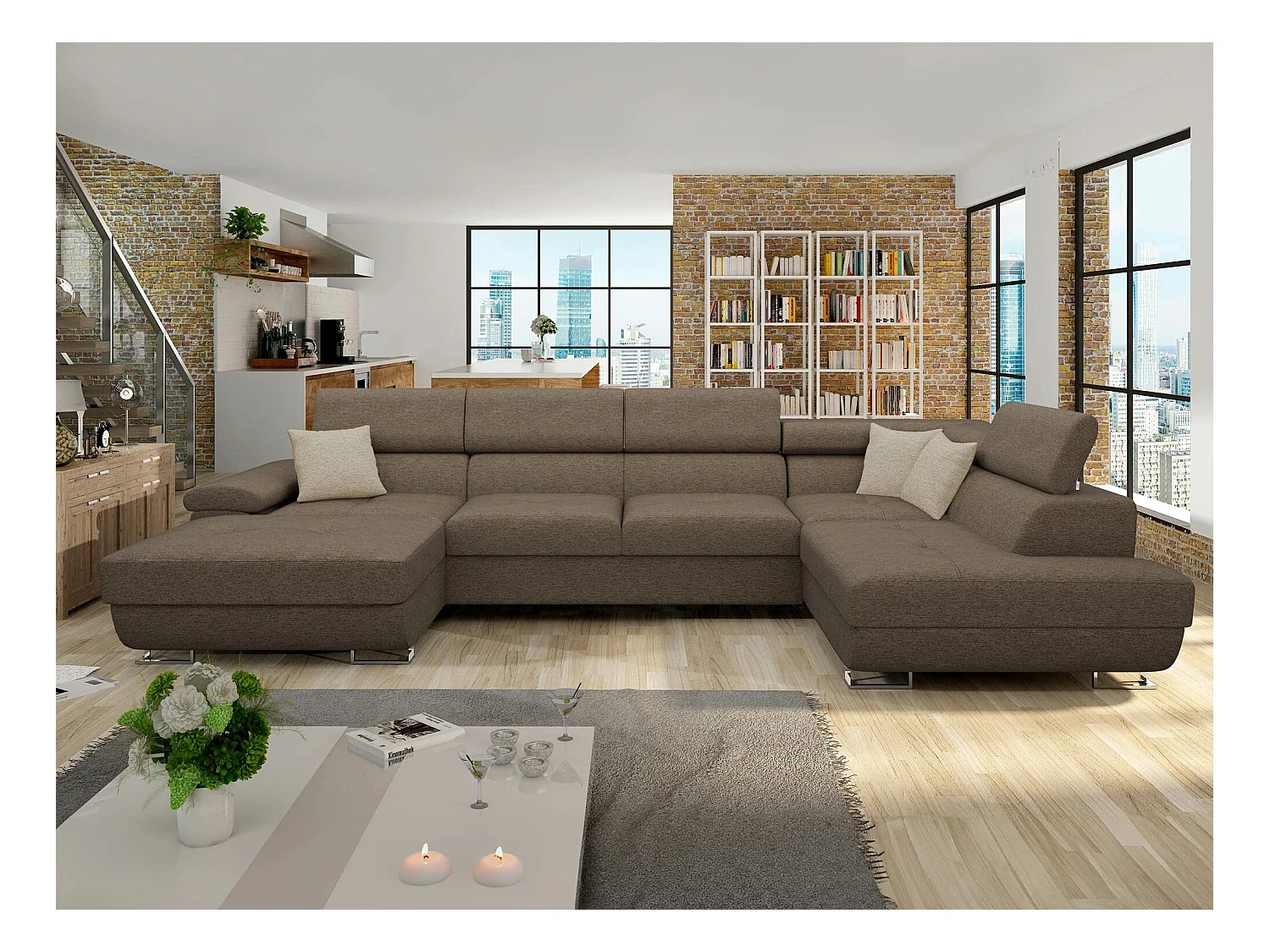 Canapé d'angle Comfivo 190, Marron, Fonction de couchage, Boîte de literie, 345x202x71cm