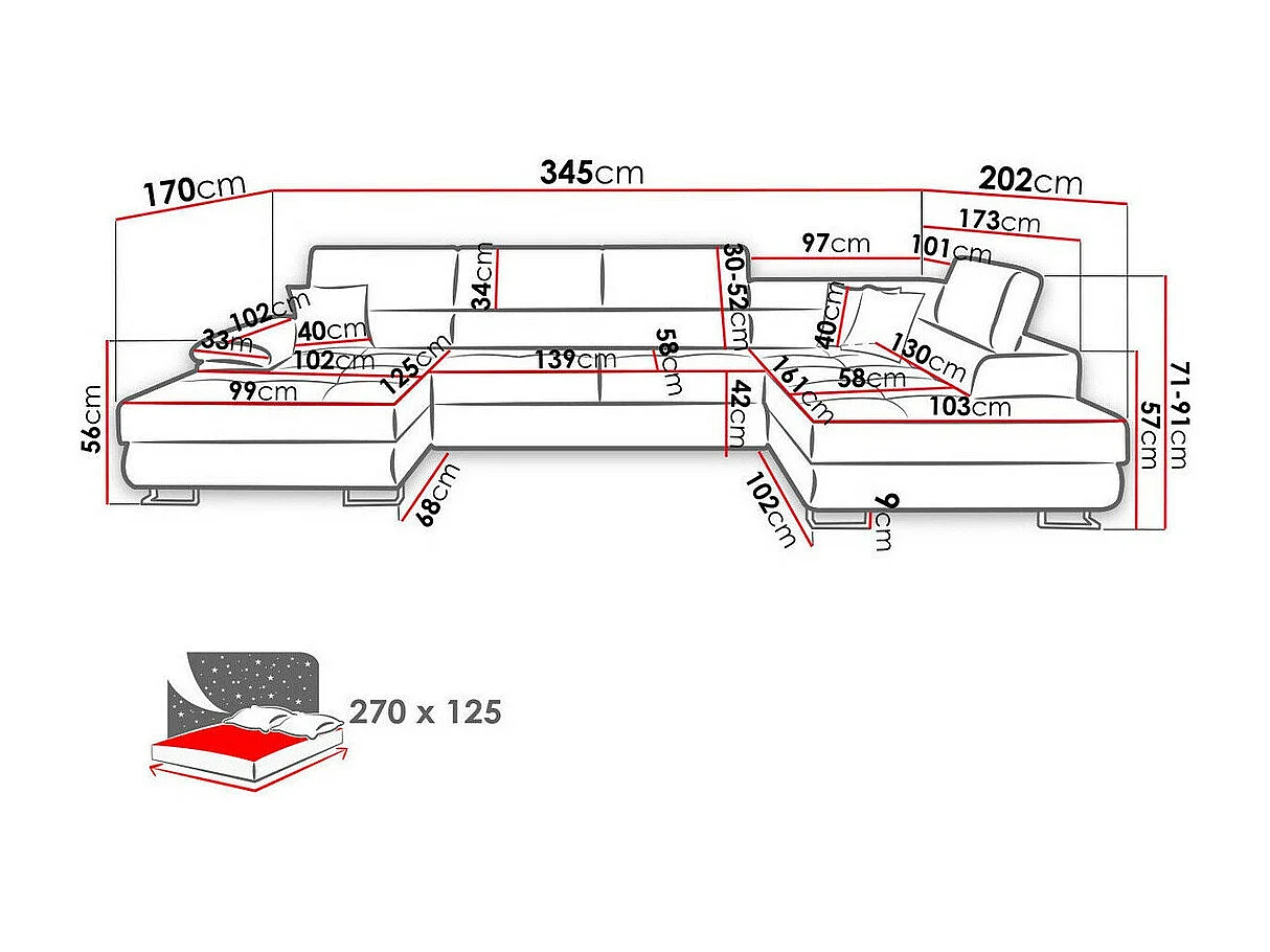 Sofá rinconero Comfivo 190, Marrón, Función de descanso, Almacenaje, 345x202x71cm
