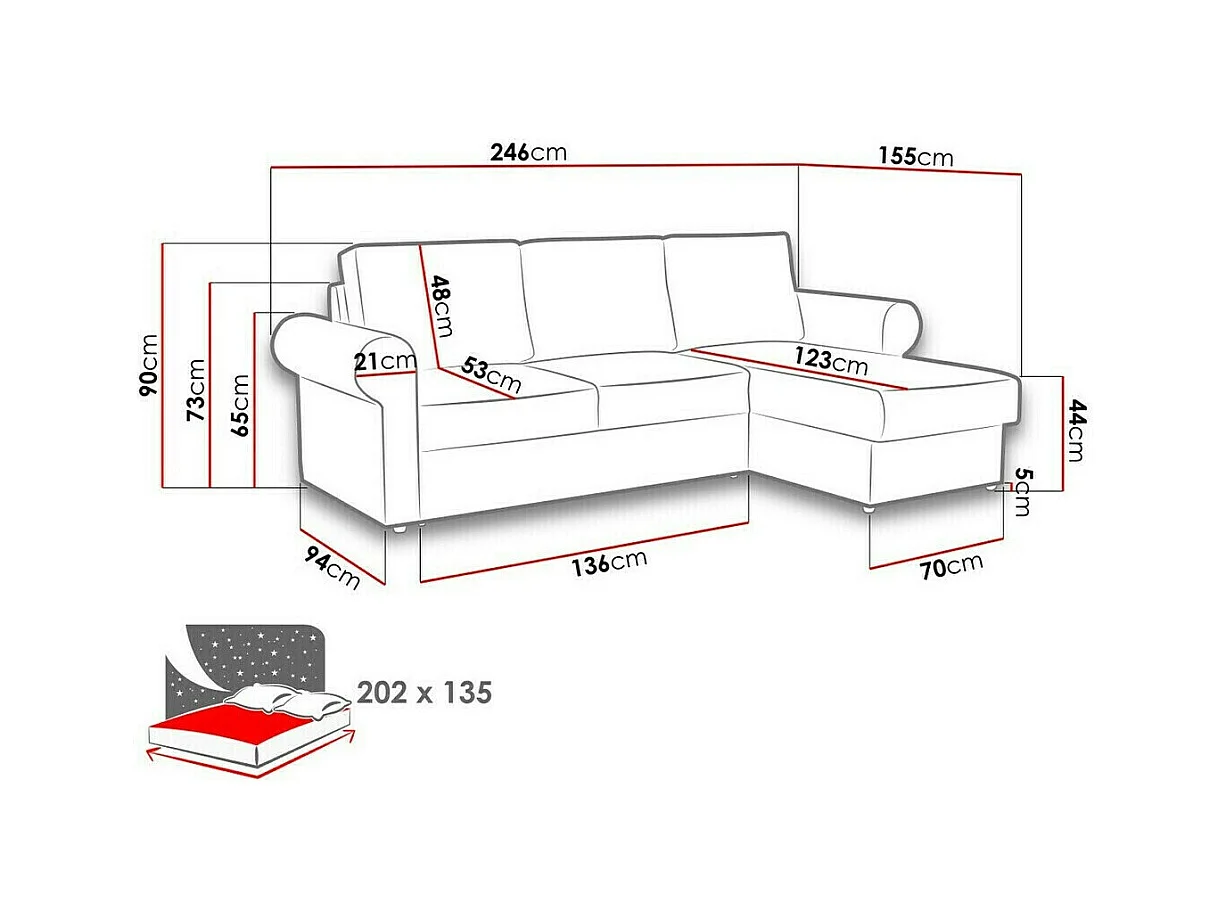 Sofá de canto Columbus 131, Rosé, Funcionalidade de dormir, 25x16x9cm
