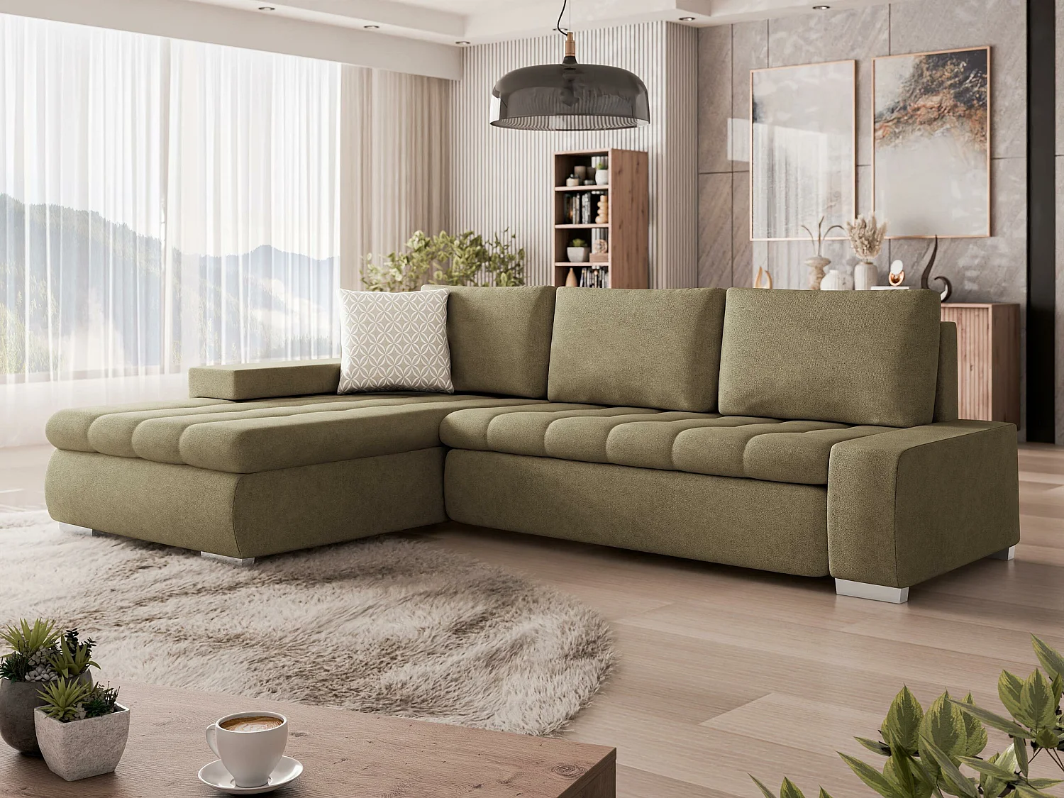 Sofá rinconero Comfivo 112, De color marrón claro, Función de descanso, Almacenaje, 265cm