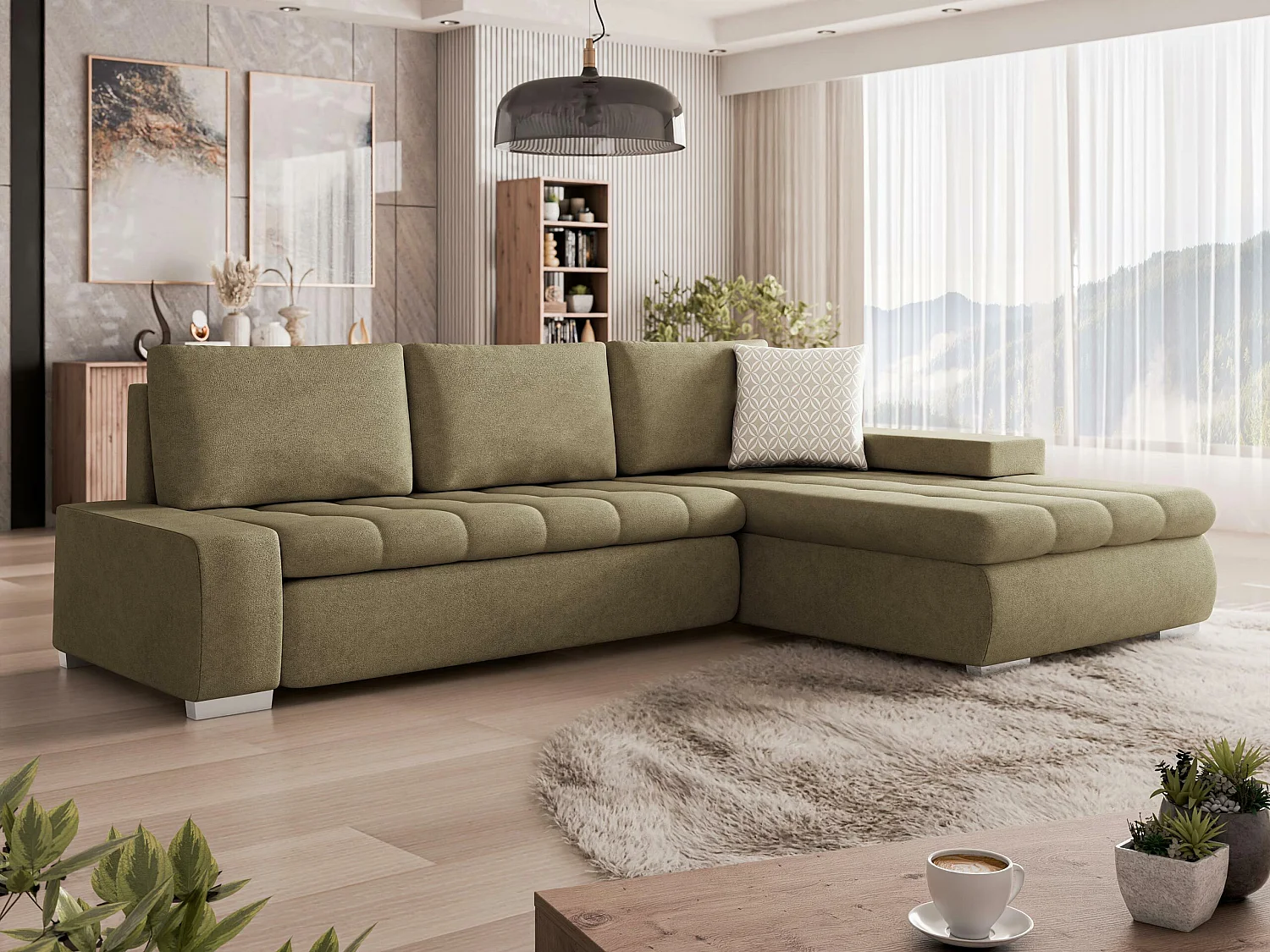 Sofá rinconero Comfivo 112, De color marrón claro, Función de descanso, Almacenaje, 265cm