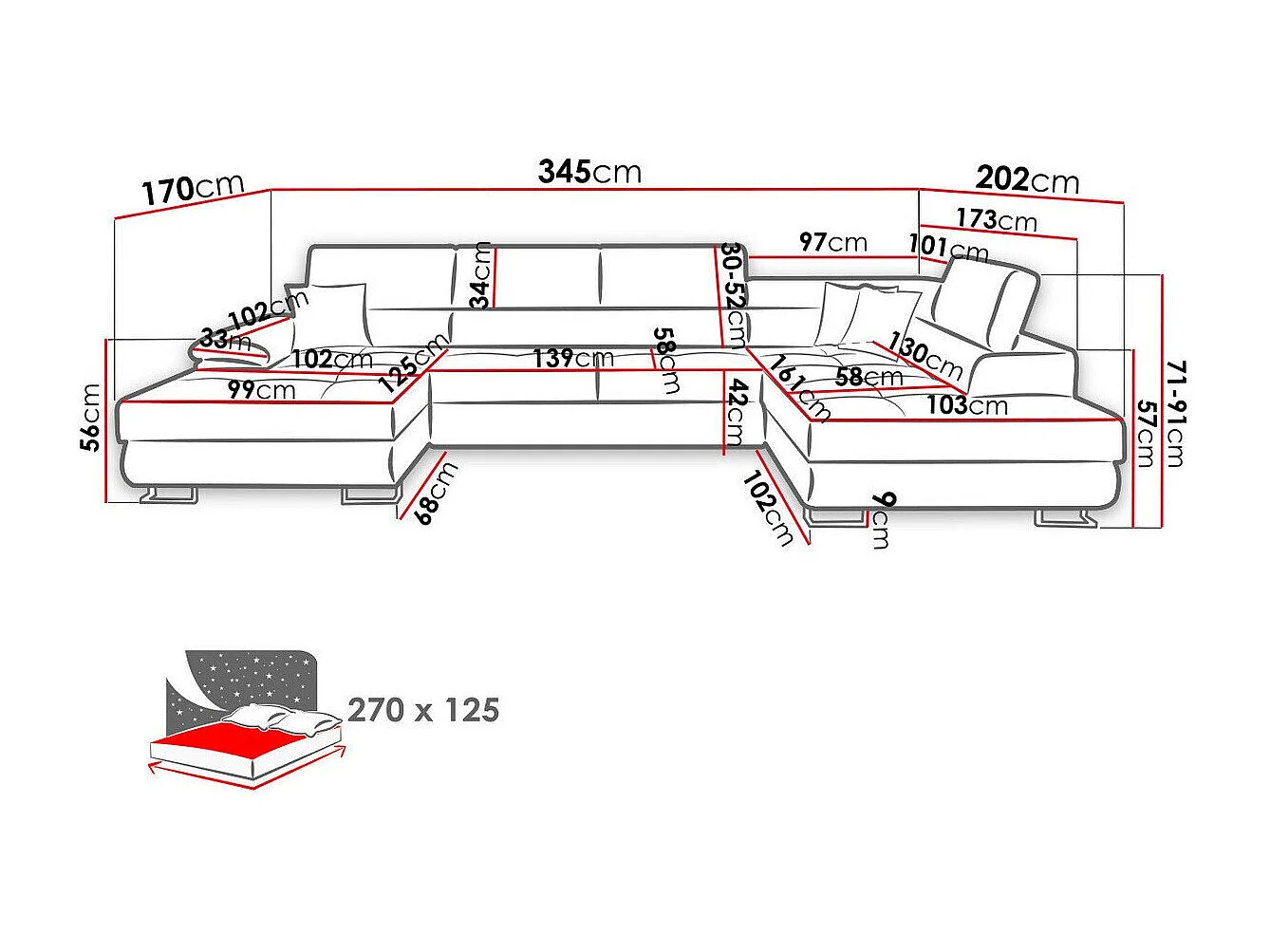 Sofá rinconero Comfivo 190, Gris, Función de descanso, Almacenaje, 345x202x71cm