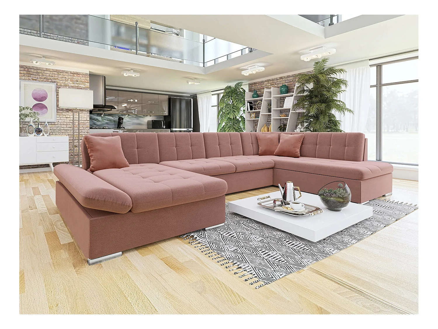 Sofá rinconero Comfivo 173, Rosa, Función de descanso, Almacenaje, 345x205x76cm