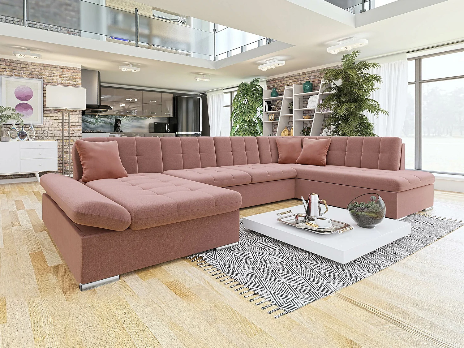 Sofá rinconero Comfivo Tilia II, Rosa, Función de descanso, Almacenaje, 345x205x76cm