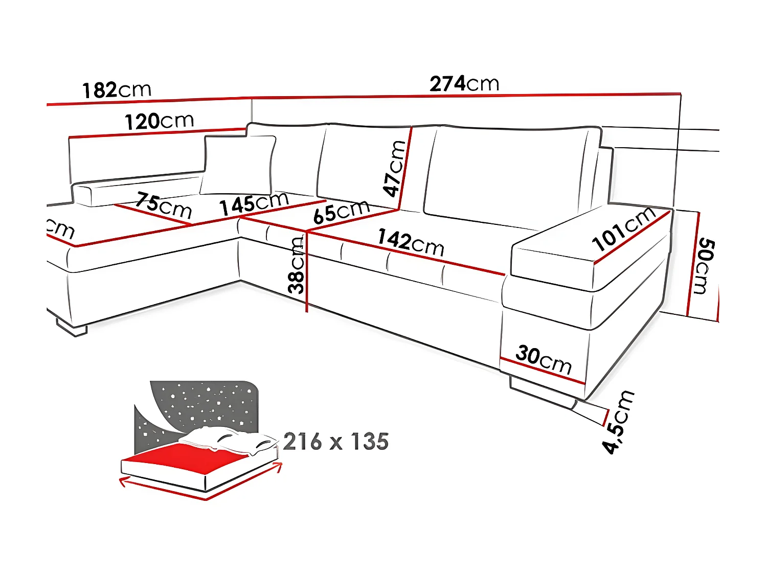 Canapé d'angle Comfivo 121, Gris, Fonction de couchage, Boîte de literie, 274x182x83cm
