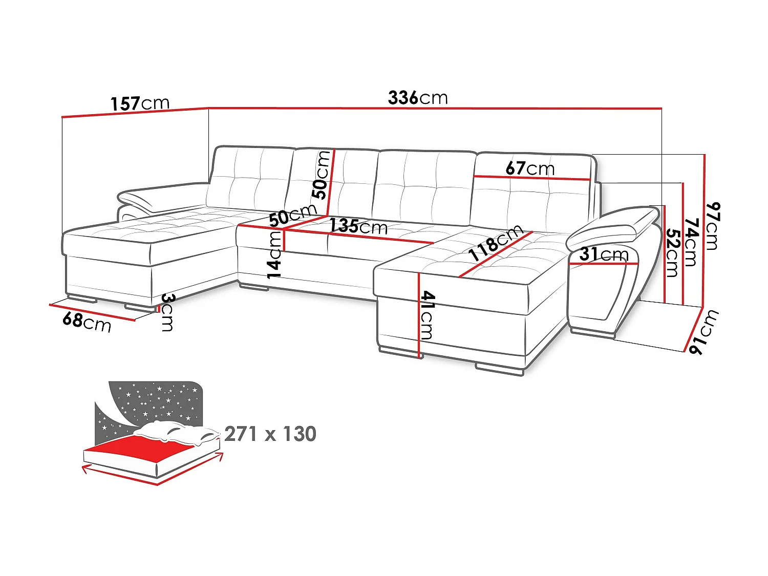 Sofá rinconero Arvada 115, Gris, Función de descanso, Almacenaje, 336x157x97cm