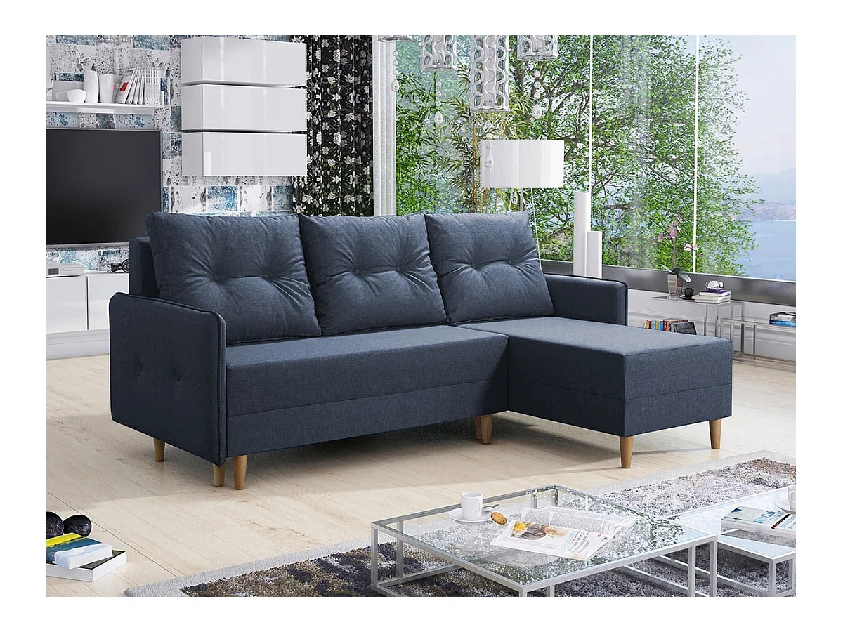 Canapé d'angle Muncie 101, Bleu, Fonction de couchage, Boîte de literie, 222x145x93cm