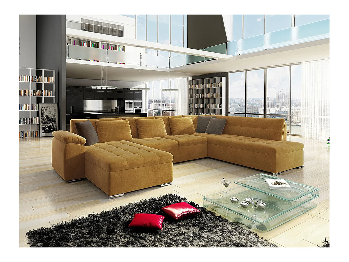 Canapé d'angle Comfivo 128, Jaune, Fonction de couchage, 348x205x76cm
