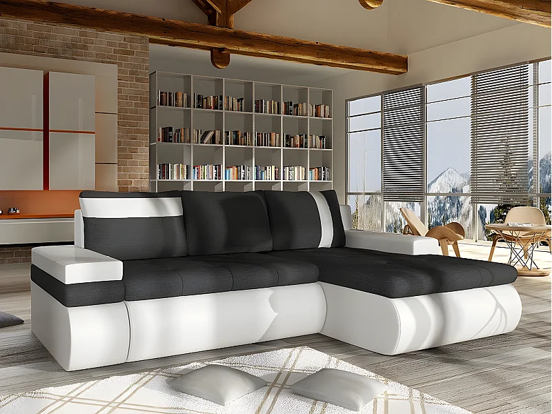 Canapé d'angle Temple 101, Gris, Fonction de couchage, Boîte de literie, 245x182x90cm