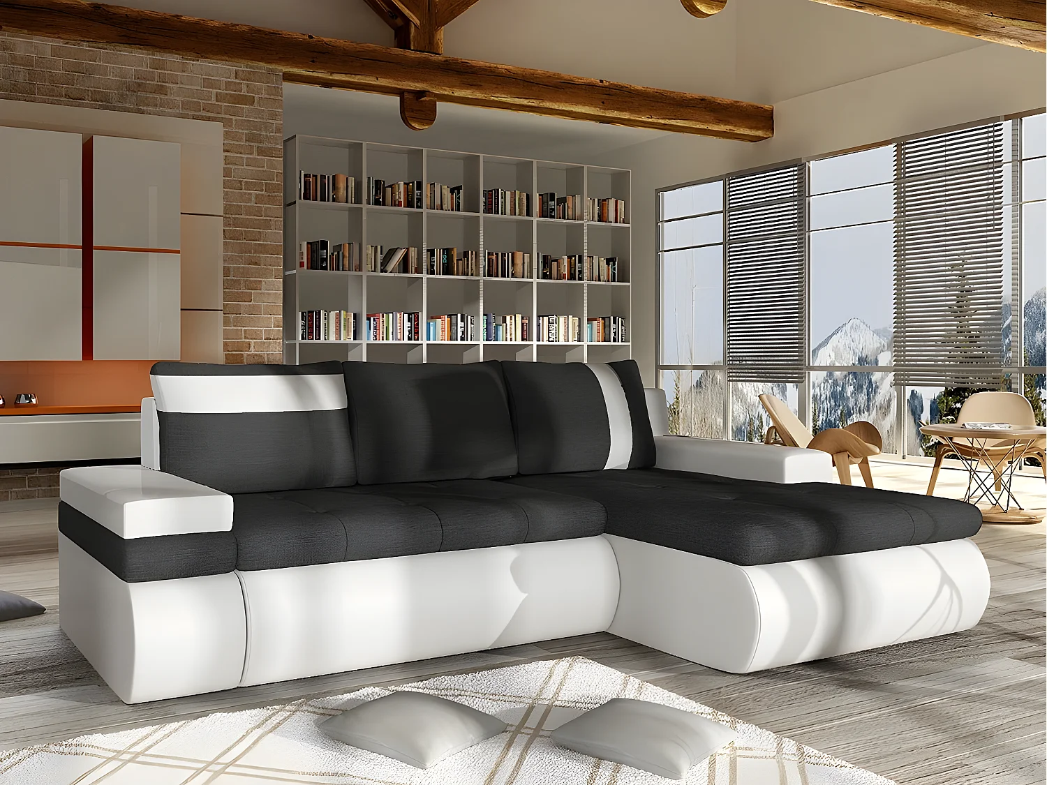 Canapé d'angle Temple 101, Gris, Fonction de couchage, Boîte de literie, 245x182x90cm