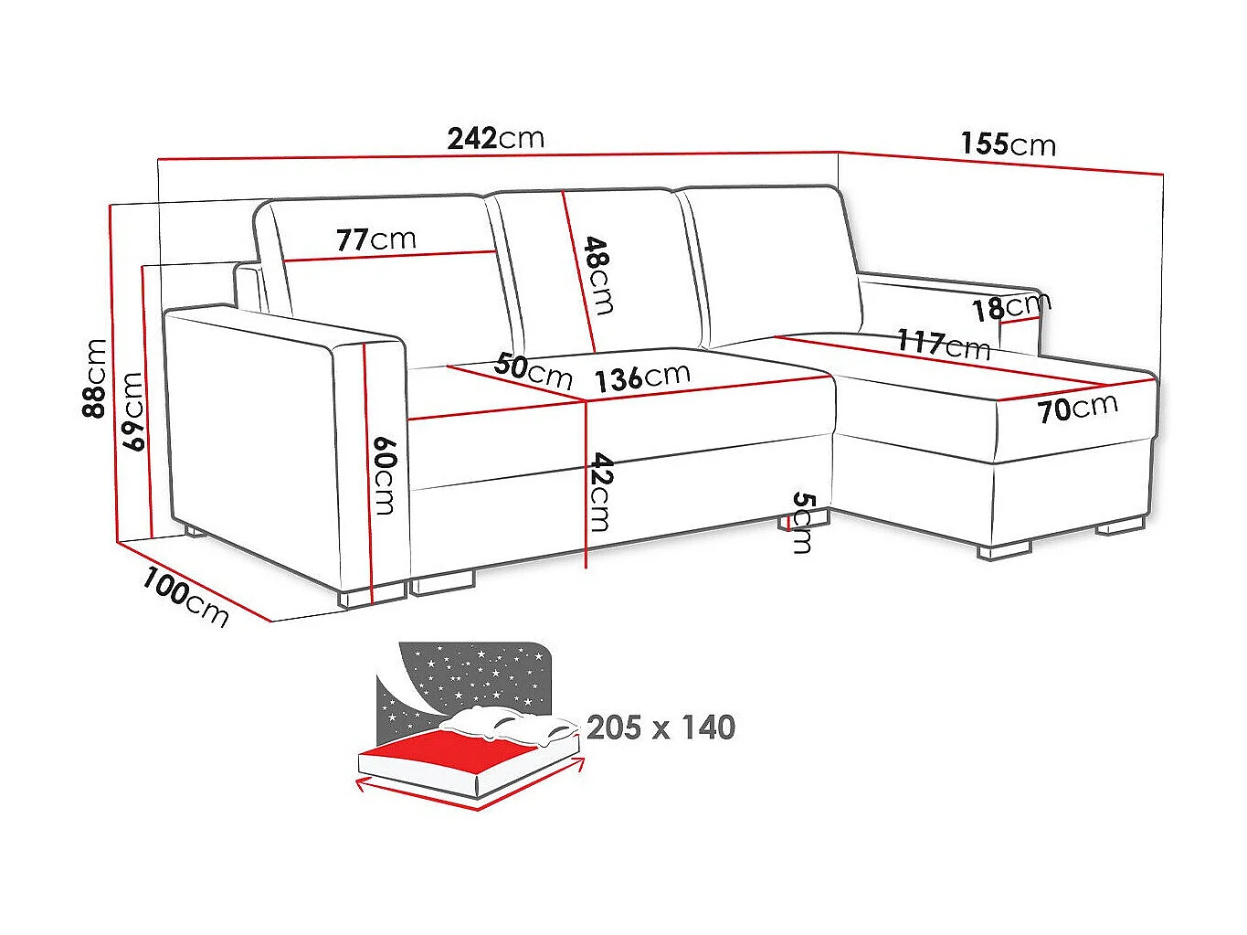 Canapé d'angle Columbus 187, Gris, Disponible, 242x155x88cm