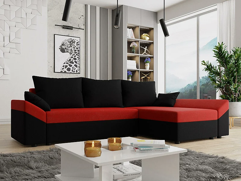 Canapé d'angle Memphis 104, Noir, Fonction de couchage, Boîte de literie, 240x140x82cm