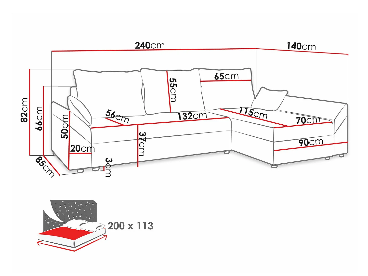 Canapé d'angle convertible 3 places en tissu noir MEMPHIS