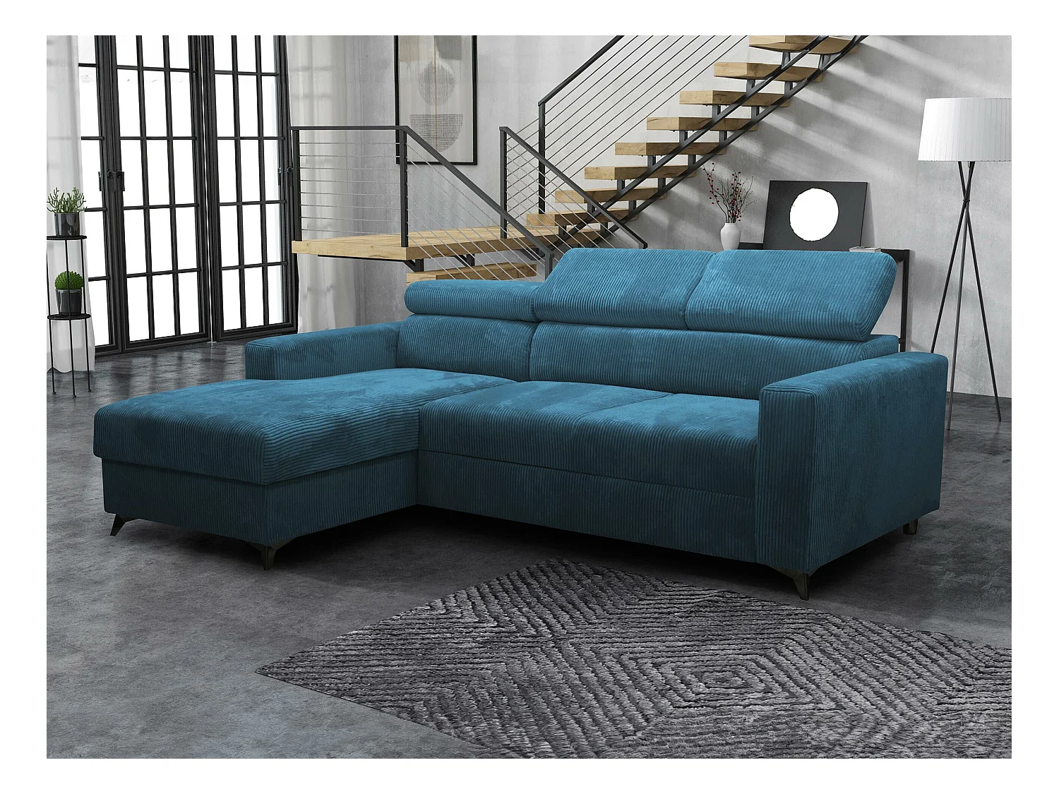 Canapé d'angle Columbus 191, Bleu, Fonction de couchage, Boîte de literie, 236x172x82cm