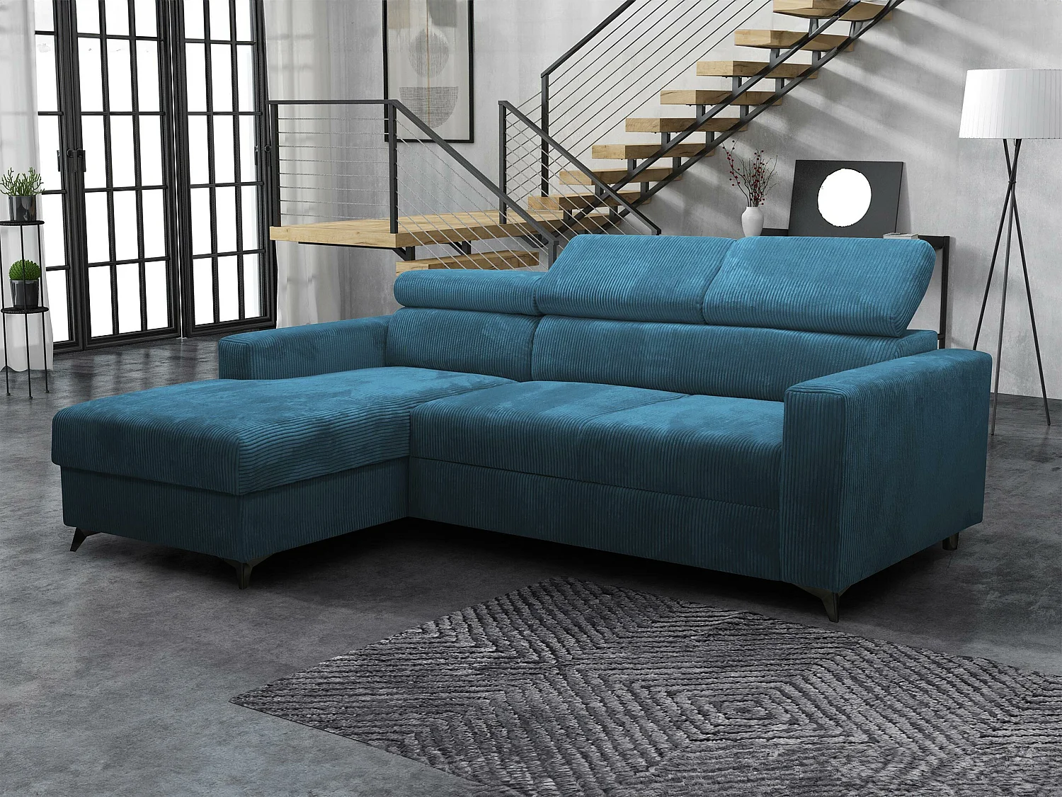 Sofá rinconero Columbus 191, Azul, Función de descanso, Almacenaje, 236x172x82cm