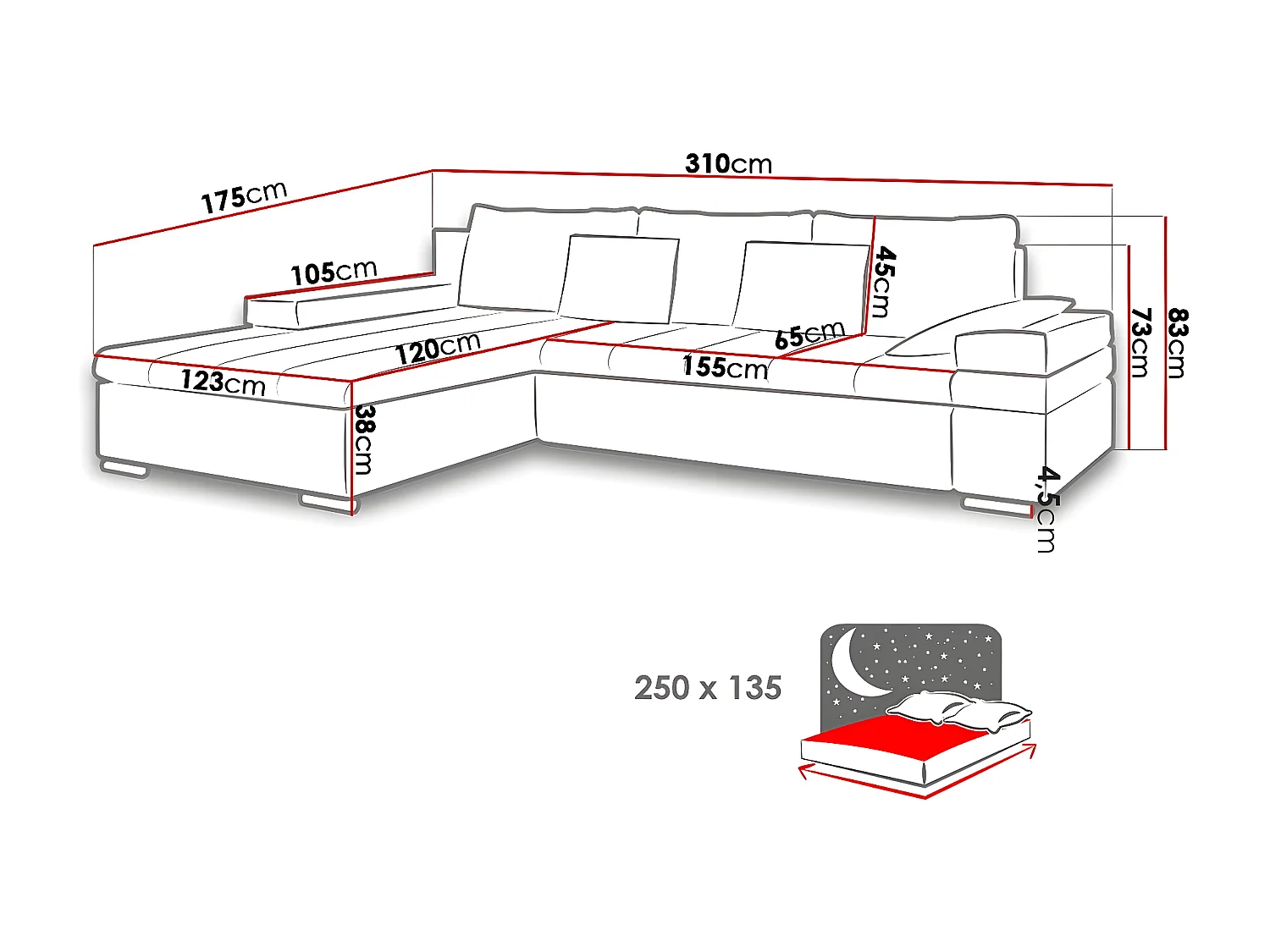 Sofá rinconero Comfivo 113, Gris, Función de descanso, Almacenaje, 310x175x83cm