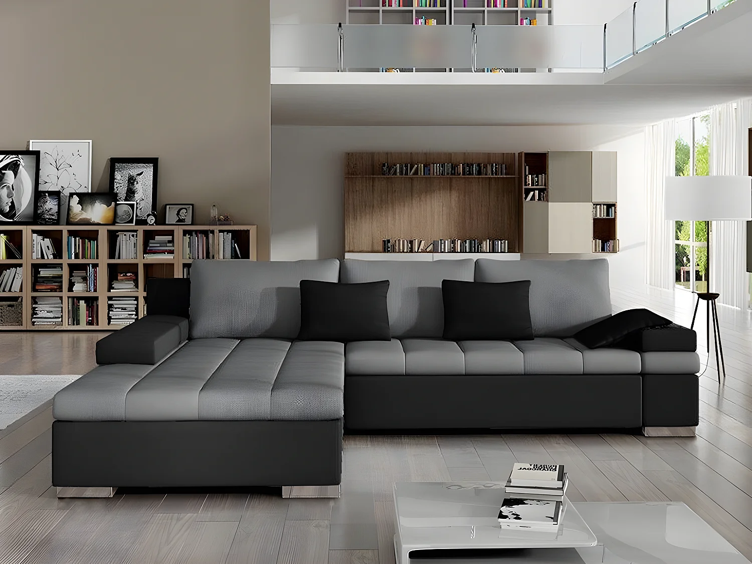 Sofá rinconero Comfivo 113, Gris, Función de descanso, Almacenaje, 310x175x83cm