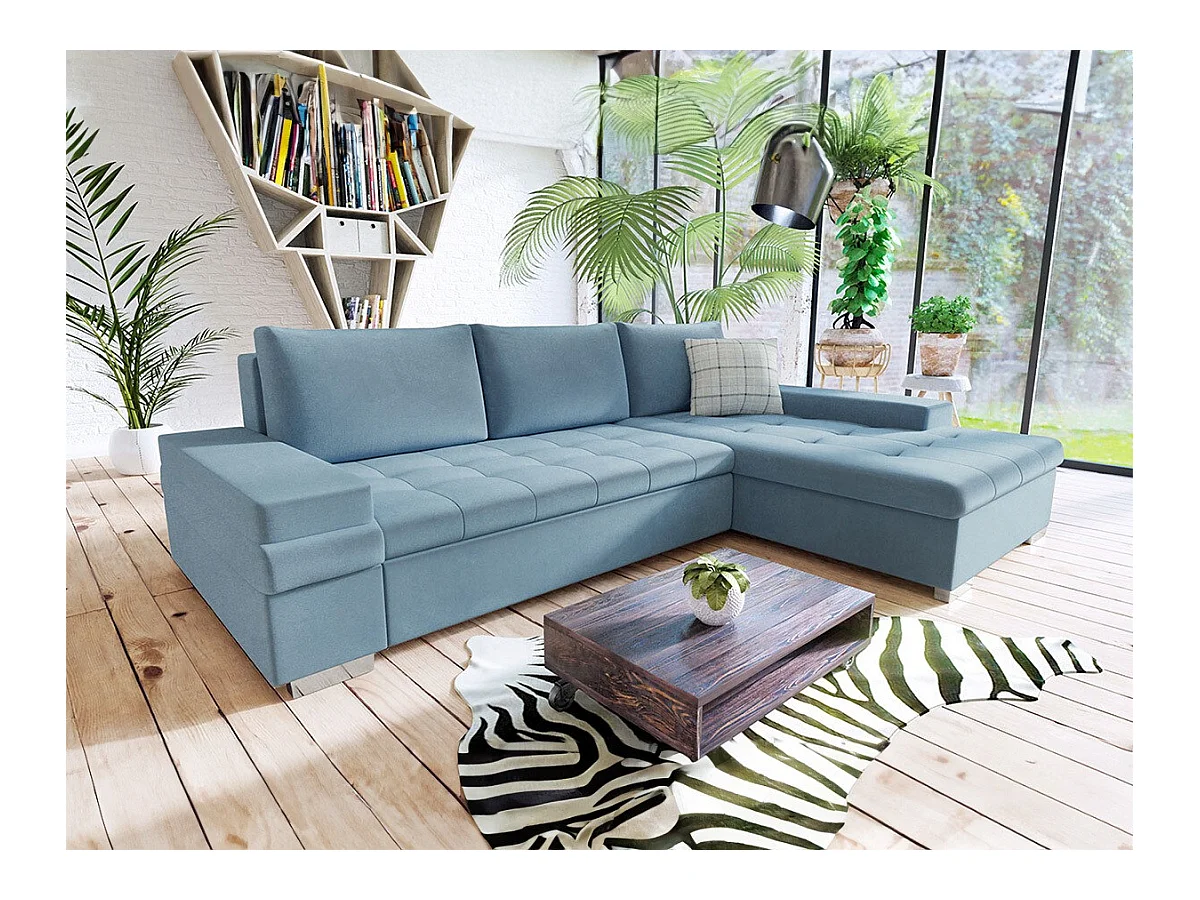 Canapé d'angle Comfivo 121, Bleu, Fonction de couchage, Boîte de literie, 274x182x83cm
