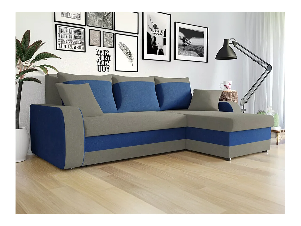 Canapé d'angle Comfivo 203, Bleu, Fonction de couchage, Boîte de literie, 238x147x80cm