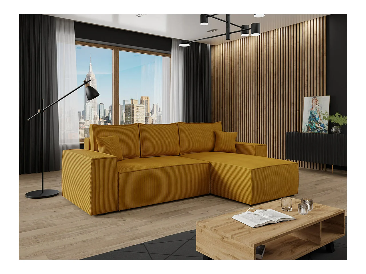 Sofá de canto Clovis 108, Amarelo, Funcionalidade de dormir, 28x17x9cm