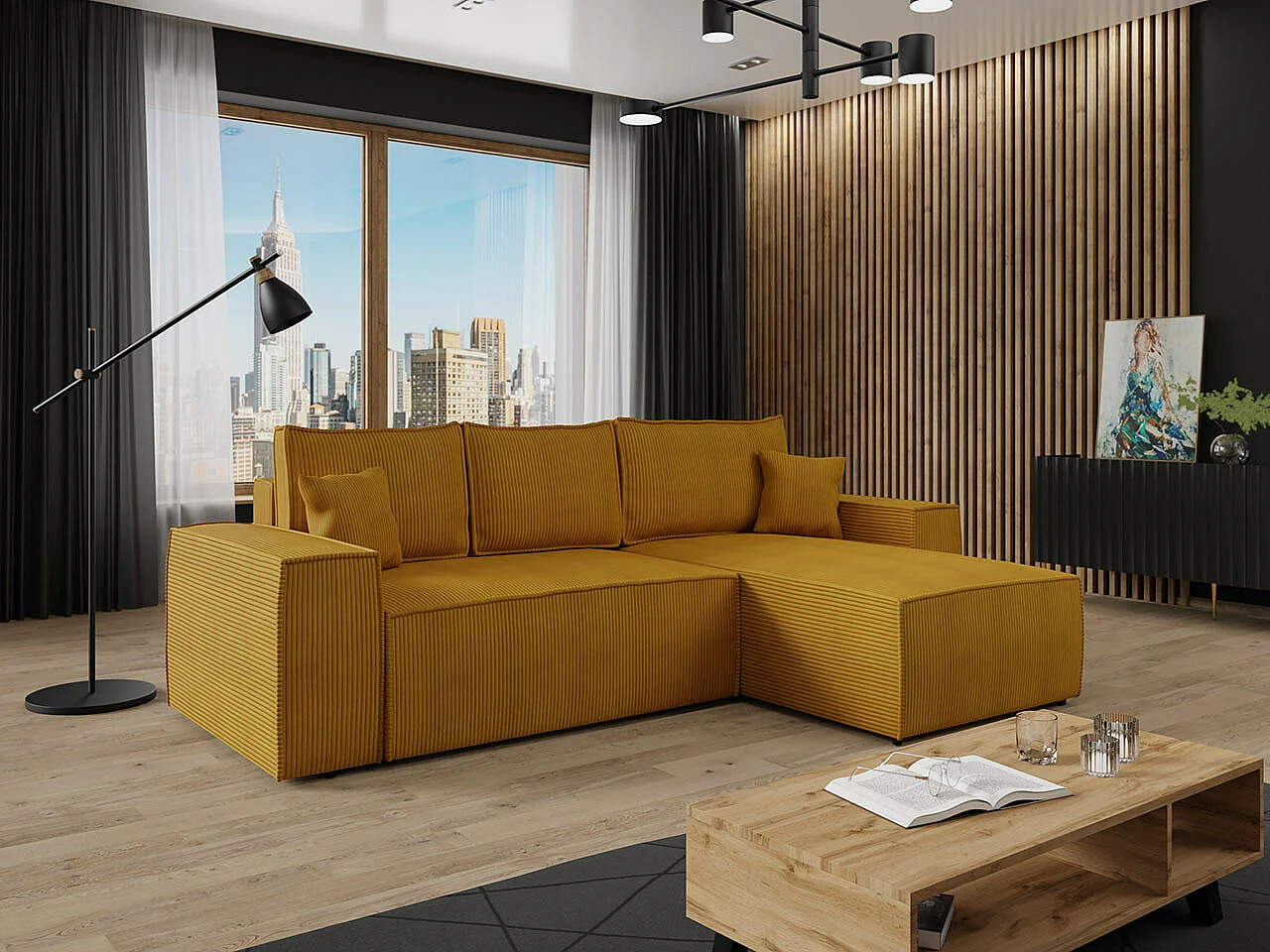 Divano angolare Clovis 108, Giallo, Con, 279x174x94cm