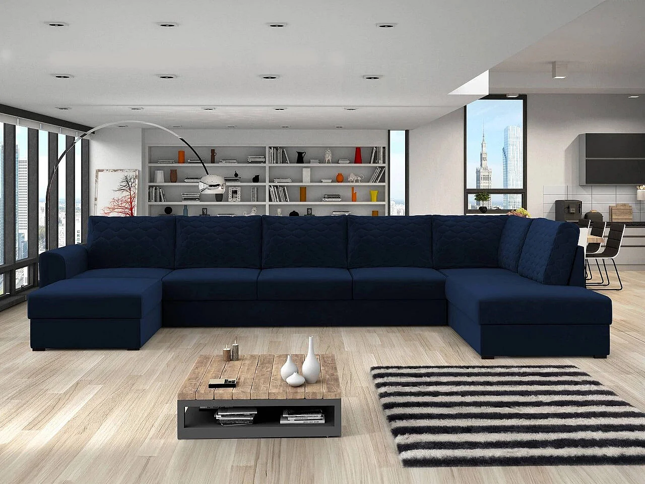 Sofá rinconero Comfivo 191, Azul, Función de descanso, Almacenaje, 370x186x85cm