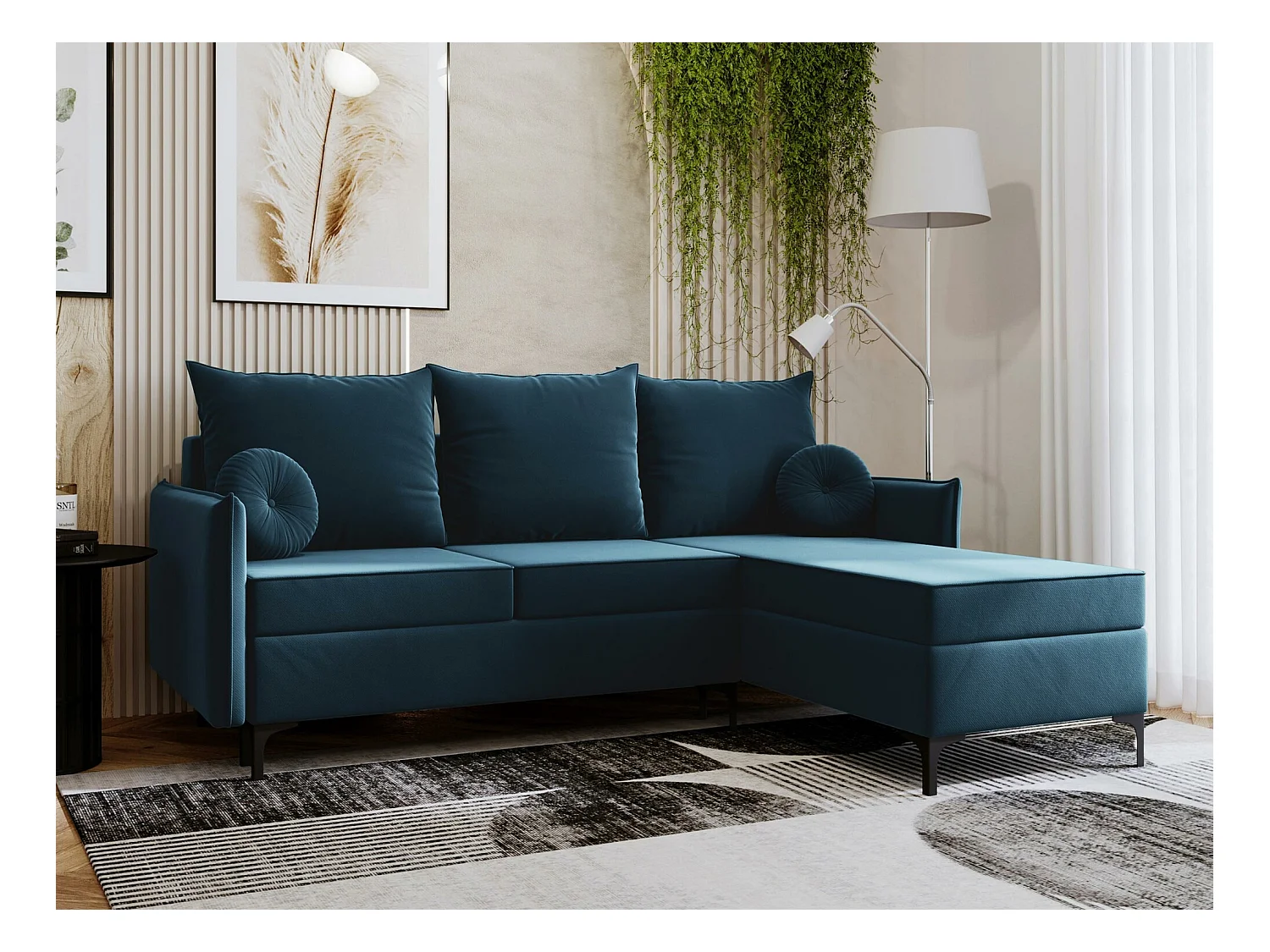 Canapé d'angle Clovis 112, Bleu, Fonction de couchage, Boîte de literie, 213x168x101cm
