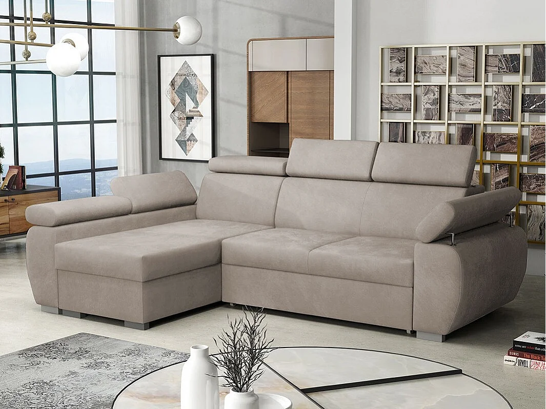 Sofá rinconero Columbus 132, De color marrón claro, Función de descanso, Almacenaje, 85cm