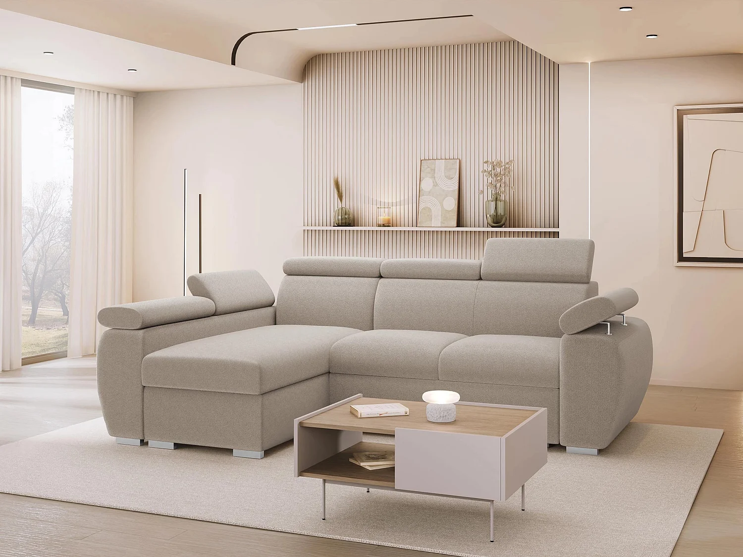 Canapé d'angle Columbus 132, Brun clair, Disponible, 255x170x85cm