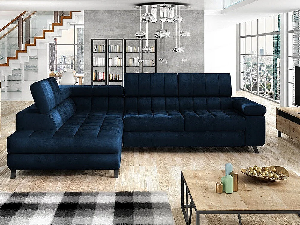 Sofá rinconero Comfivo 207, Azul, Función de descanso, Almacenaje, 264x203x73cm