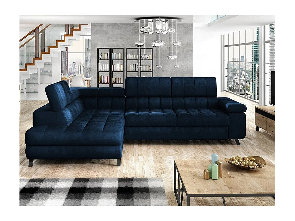 Canapé d'angle Comfivo 207, Bleu, Fonction de couchage, Boîte de literie, 264x203x73cm