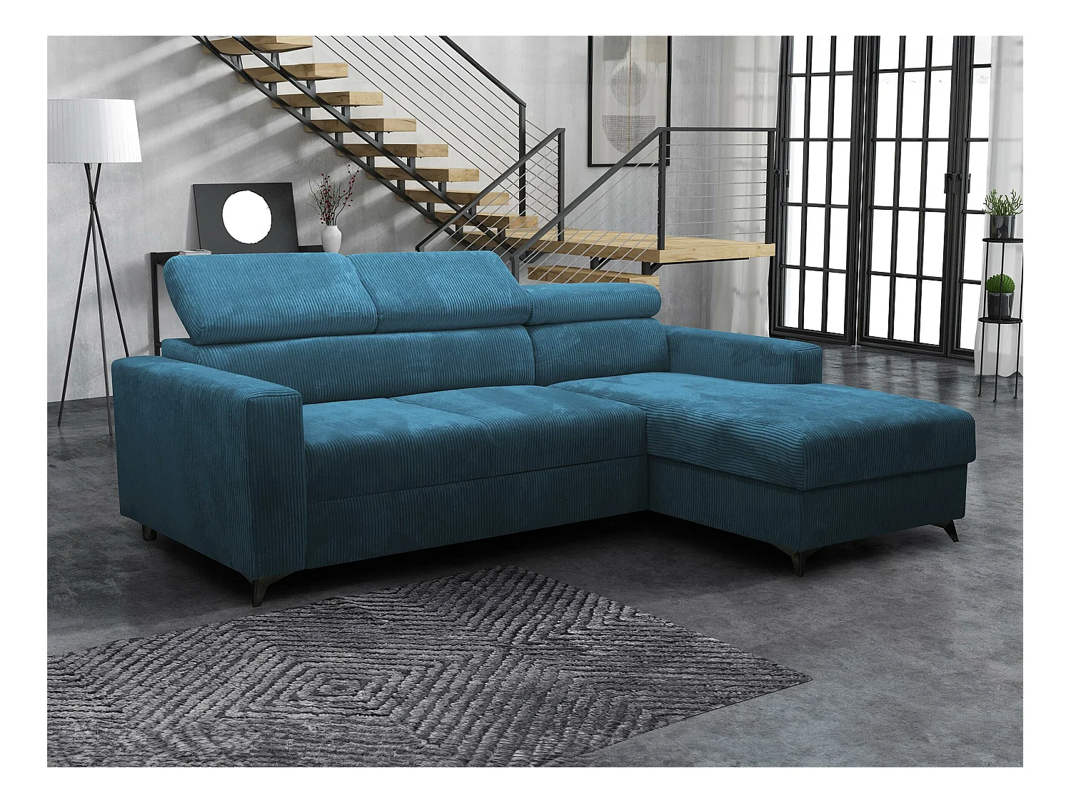 Canapé d'angle Columbus 191, Bleu, Fonction de couchage, Boîte de literie, 236x172x82cm