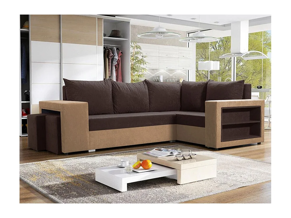 Canapé d'angle Muncie 103, Marron, Fonction de couchage, Boîte de literie, 250x162x85cm