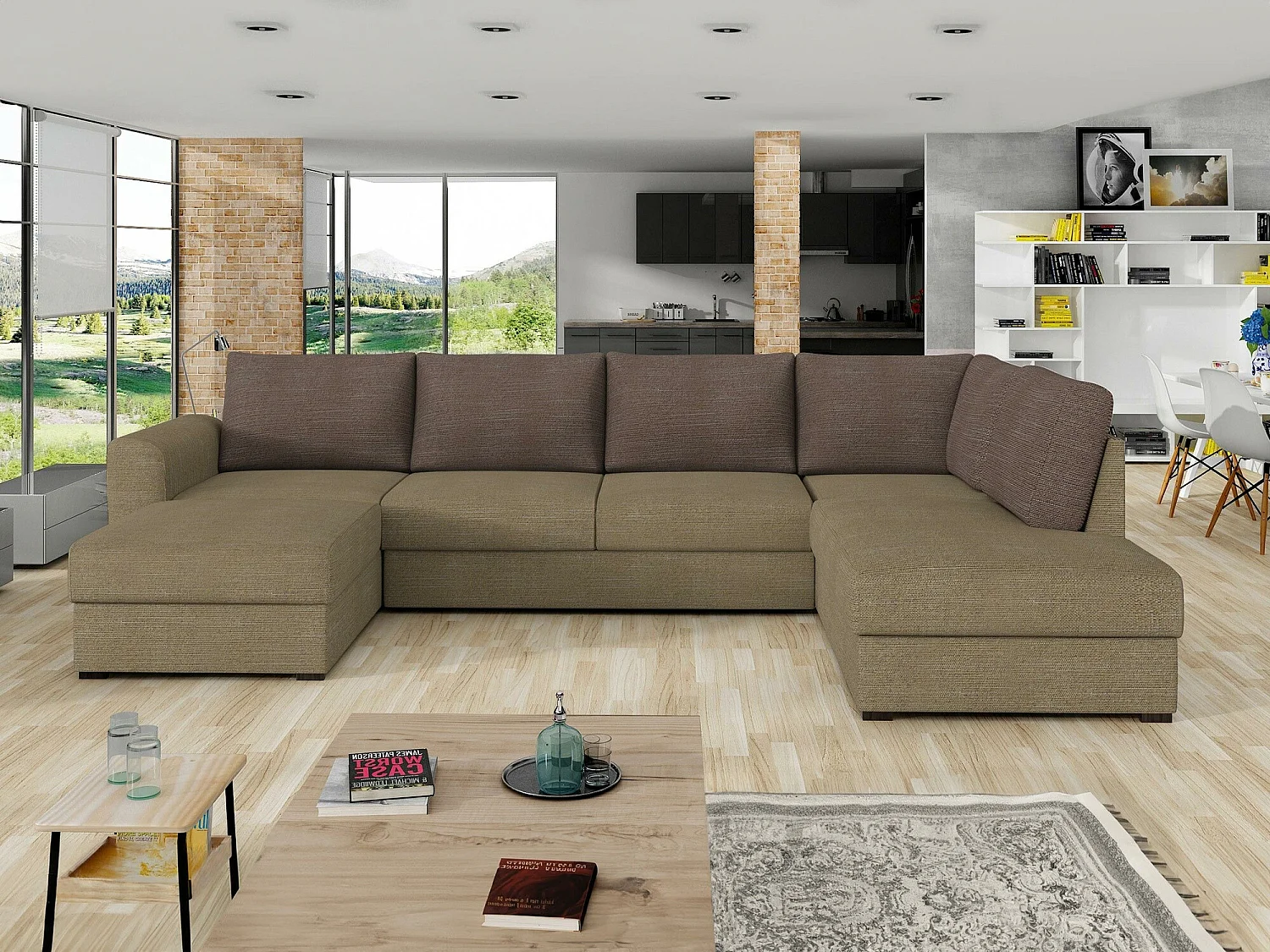 Canapé d'angle Comfivo 189, Brun clair, Fonction de couchage, Boîte de literie, 305x188cm