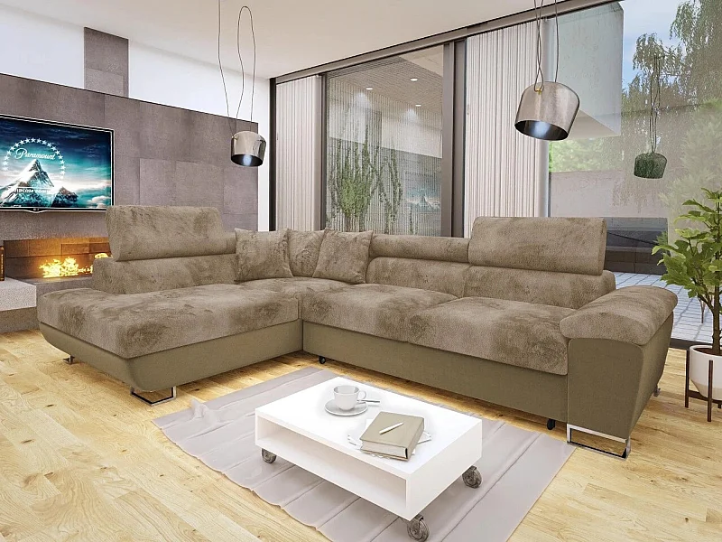 Canapé d'angle Comfivo 290, Brun clair, Fonction de couchage, Boîte de literie, 270x202cm