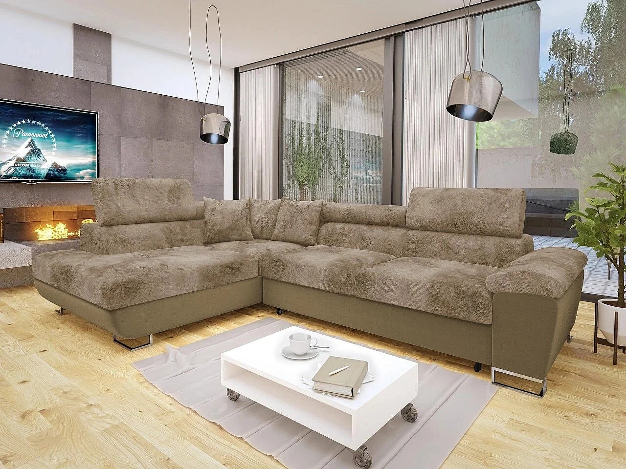 Sofá rinconero Comfivo 290, De color marrón claro, Función de descanso, Almacenaje, 270cm